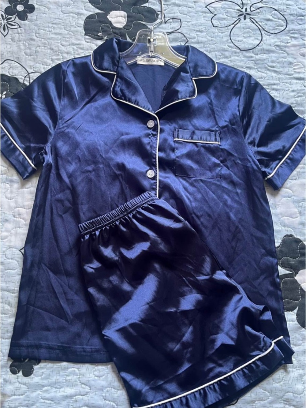 Silky Navy Short Sleeve Pajama Set with White Piping